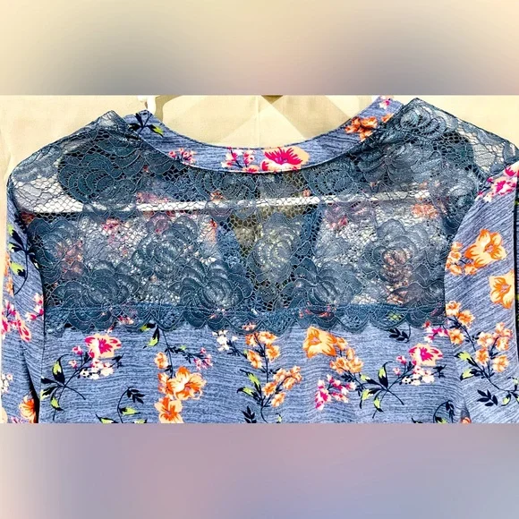 Women’s “Angels Forever Young” Blue Floral Convertible Long Sleeve Blouse - Picture 9 of 10